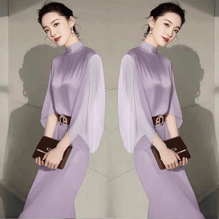 French Elegant Women's Party Outfits Autumn New Fashion Stand Collar Blouse + Temperament Bag Hip Midi Skirt Suit 2Pcs Set 433P