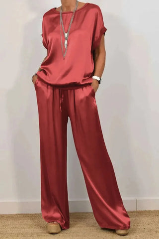 Smooth Satin Short Sleeve Pant Set