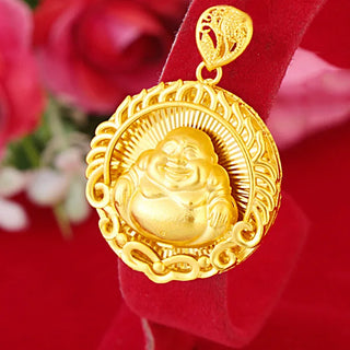 Unisex 24K Gold AU999 Flame-Embraced Avalokiteshvara & Maitreya Pendant | Vine-wrapped with shell inlay, fresh for casual looks