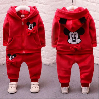 Baby Plush Clothes Set Children Autumn Winter Boys Girls Cartoon Minnie Bow Hooded Coat+Pants 2Pcs Set Toddler Warm Letter Suit