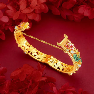 Exclusive 9999 Real 24K Yellow Gold Large Ethnic Enamel Lotus Bracelet with Pearl Lotus Buckle