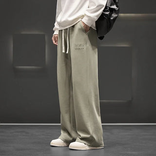 Autumn New Men Knitted Sports Pant Steel Stamp Printing Wide Leg Casual Trousers Straight Solid Lightweight Cotton Fabric Unisex