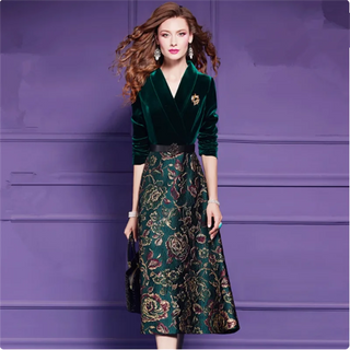 Vintage Jacquard Patchwork Velvet Dress Women Autumn Winter New Elegant Notch Collar Long Sleeved A-Line Party Midi Dresses J974