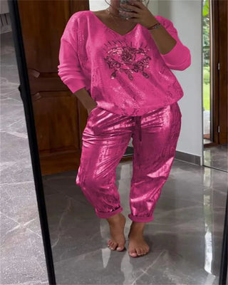 Plus-size suit women's casual fashion metal eye decoration long-sleeved shirt casual pants plus-size women's clothing