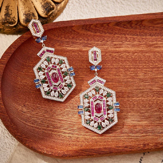 Europe Style Earring Women Lady Inlay Cubic Zircon Synthetic Ruby Rhombus Tassels Pendant Party