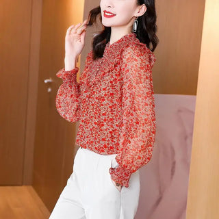 Elegant Vintage Chiffon Ruffled Neck Blouse