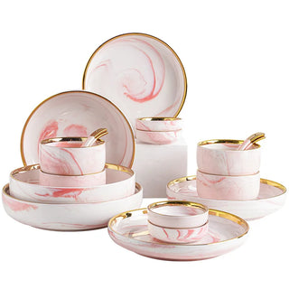 Pink Gilded Marble PatternPorcelain Dinner Plate Salad Noodles Bowl Spoon Ceramic Kitchen Tableware 1Set