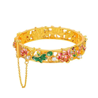 Exclusive 9999 Real 24K Yellow Gold Large Ethnic Enamel Lotus Bracelet with Pearl Lotus Buckle