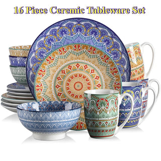 Vancasso Bohemian Mandala Patterned Ceremic Tableware 16PCS Porcelain Dinnerware Set with Dinner Plate Dessert Plate Bowl Mug