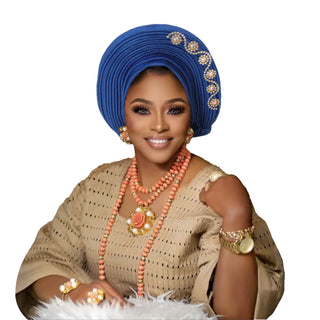 New African Headtie Turban Nigeria Head Ties with Flowers Already Made Auto Gele Women Head Wraps for Wedding Party