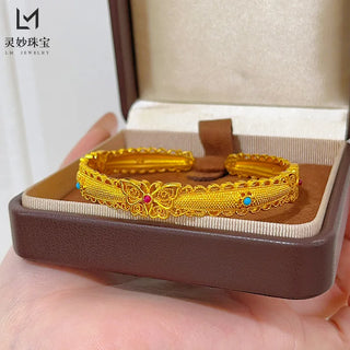 9999 24K real gold enamel color butterfly lace opening bracelet hollow butterfly bracelet exquisite national trend style