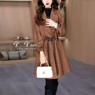 Women's Plaid Woolen Coat Fall Winter New Elegant Office Lady Notched Collar Lace-Up Jacket Fashion Bright Silk Outerwears 600P
