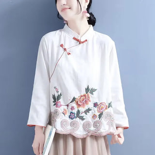 Stand-up Collar Cotton Embroidered Blouse