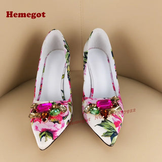 Pointy Toe Flower Print Gemstone Pumps