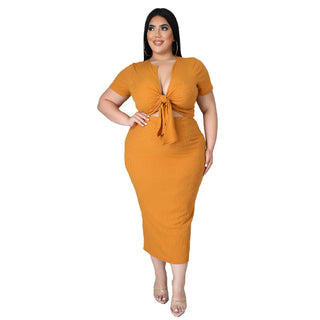 Plus Size New Arrival Fashional Women's Top and Skirt Suit Big Size V Neck Short Sleeve Casual Top ansd Skirt Set For Women