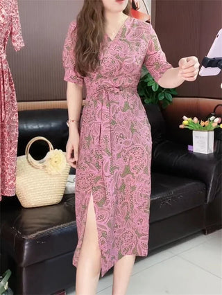 Elegant Floral Print Holiday Dress Summer New Women's V-Neck Short Sleeved Lace Up Slit Dress Luxury Celebrity Party Dress 924P