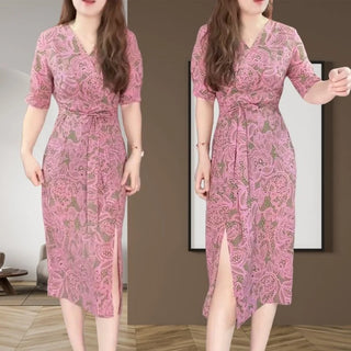 Elegant Floral Print Holiday Dress Summer New Women's V-Neck Short Sleeved Lace Up Slit Dress Luxury Celebrity Party Dress 924P