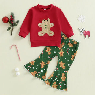 Christmas Gingerbread Man Girls Outfit Set Red Sweatshirt + Green Flared Pants 0-6Y Toddler Kids Clothing