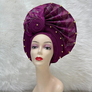 Gold African Headtie Elegant For Woman Nigerian Gele Already Made Auto Gele Turban Big Brim Party Headtie 1pcs/pack