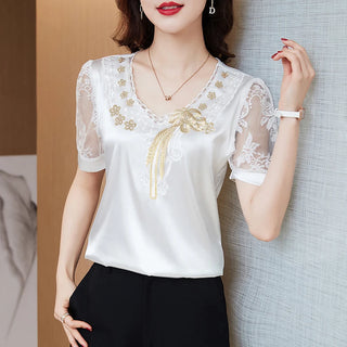 Satin Lace Floral Stitching V neck Blouse