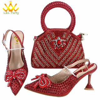 Orange Color New Arrivals Italian Design Nigerian Women Shoes and Bag Set Pointed Toe Slipper with Shinning Crystal for Party