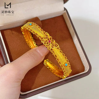 9999 24K real gold enamel color butterfly lace opening bracelet hollow butterfly bracelet exquisite national trend style