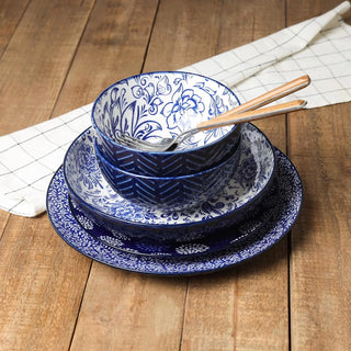 Dinnerware Sets 16 Piece, Ceramic Plates and Bowls Set, Embossed Dishes Set for 4, Housewarming, Blue