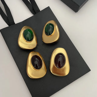 Oval design large crystal vintage earrings, dark green and dark red ear clips