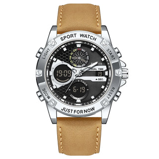 FOXBOX Outdoor Fashion Electronic Watches for Men Casual Sports Leather Waterproof Weeks Dual Digital Display Quartz Chronograph