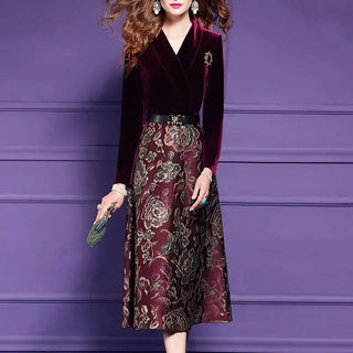 Vintage Jacquard Patchwork Velvet Dress Women Autumn Winter New Elegant Notch Collar Long Sleeved A-Line Party Midi Dresses J974