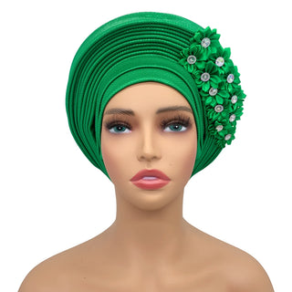 New African Headtie Turban Nigeria Head Ties with Flowers Already Made Auto Gele Women Head Wraps for Wedding Party
