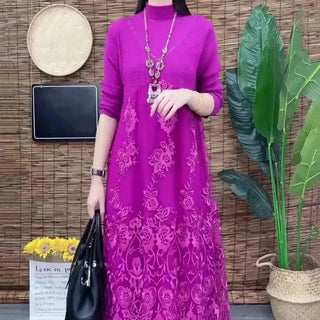 Elegant Floral Embroidered Patchwork Knit Dress Women Autumn Long Sleeve High Neck Beaded A-Line Party Midi Dresses Robe 633B