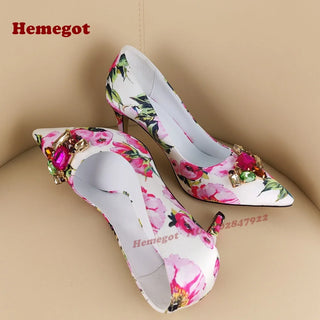 Pointy Toe Flower Print Gemstone Pumps