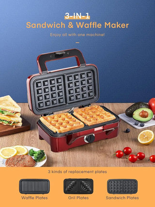 Sandwich Maker, 3 in 1 Waffle Maker with Removable Plates, 1200W Panini Press with Interchangeable Non-Stick Plates, Indicator L