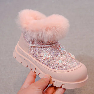 Faux Fur Winter Boots For Girls Trend Fashion Glitter Kid's Snow Boots Thick Warm Plush Warm Children's Cotton Shoes Velvet Shoe