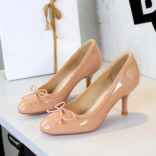 Women 7cm High Heels Lady Fashionable Elegant Butterfly Knots Round Toe Low Heels Pumps Female Leather Commuter Work Shoes