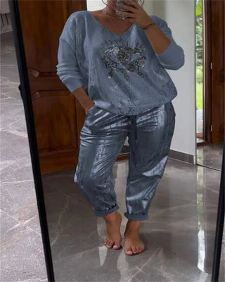 Plus-size suit women's casual fashion metal eye decoration long-sleeved shirt casual pants plus-size women's clothing
