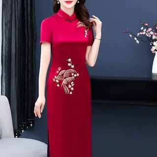 Chinese Stand Collar Cheongsam Dress Luxury Silk Satin Party Dresses Women Vintage Flower Embroidery Midi Vestido Summer J883