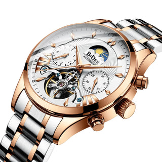 BIDEN Men's Multi functional Sun Moon Star Mechanical Watch Fashion Business Night Light Waterproof Sports Watch