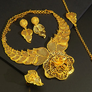 Women's 24K Gold Flower Grass Hollow Jewelry Set (4pcs), AU999 Floral filigree design with "Lush" engraving & hidden vine motif