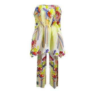 ANLAN 2024 Autumn New Miyake Pleated Two Piece Set For Women Print Long Sleeve Lace Up Waist Wrap Top Casual Pants Sets 7YK3519