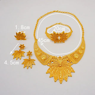 Women's 24K Gold Leaf-Shaped Set (Necklace/Earrings/Bracelet/Ring), AU999 Hammered with textured leaves,symbolizing life's cycle