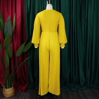 Elegant Jumpsuits Pleated for Woman V Neck Full Sleeve Beaded High Waisted Floor Length Luxury Birthday Party Dinner Rompers New