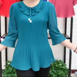 Pleated 3/4 Sleeve Casual O-Neck Blouse