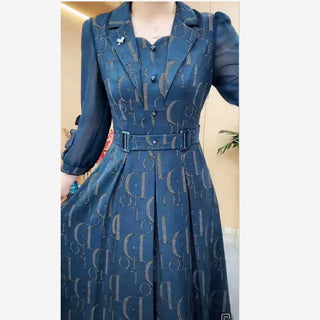 Korean Luxury Letter Printing Party Dress Autumn Elegant Women Notched Collar Puff Sleeve High Waist A-Line Midi Vestidos 912P