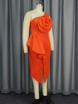Women Orange One Shoulder Big Flower Rose Wedding Party Dress Sleeveless Package Hip Midi Length Celebrate Event Gown Plus Size