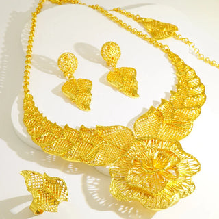 Women's 24K Gold Flower Grass Hollow Jewelry Set (4pcs), AU999 Floral filigree design with "Lush" engraving & hidden vine motif