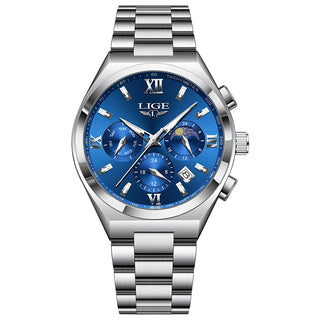 LIGE Luxury Man Watch Waterproof Calendar Business Quartz Wristwatch Fashion Moon Phase Gold Stainless Steel Men Watches Clock