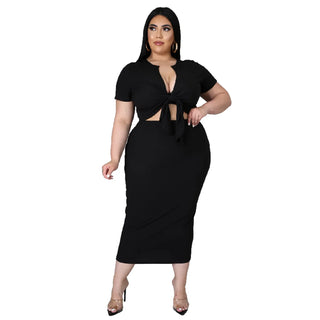 Plus Size New Arrival Fashional Women's Top and Skirt Suit Big Size V Neck Short Sleeve Casual Top ansd Skirt Set For Women