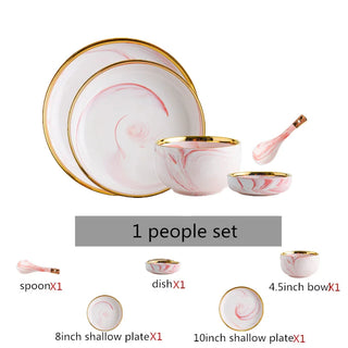 Pink Gilded Marble PatternPorcelain Dinner Plate Salad Noodles Bowl Spoon Ceramic Kitchen Tableware 1Set
